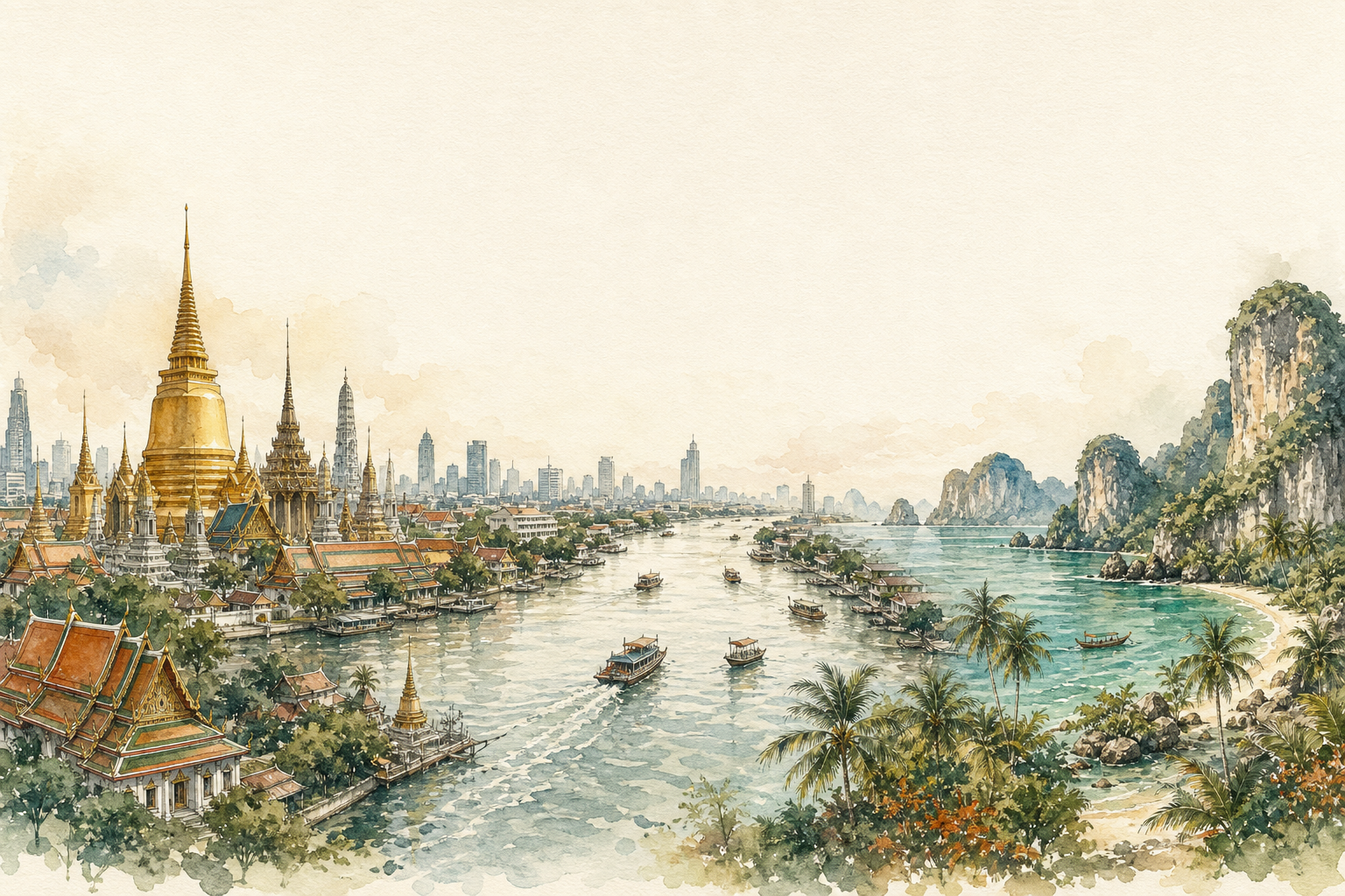 Watercolor panorama of Thailand